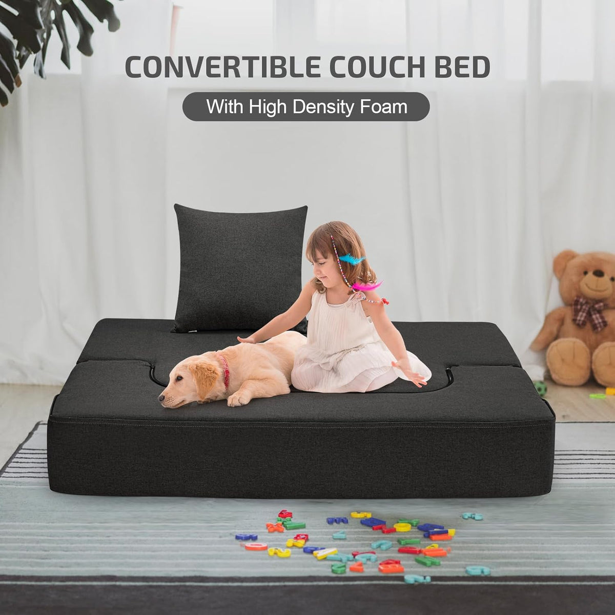 2-in-1 Folding Sofa Bed with Pillow - Folding Chair Floor Couch & Sleeping Mattress - Washable Cover & Memory Foam Sleeper Chair for Living Room/Guest Room/Apartment/Loft, Dark Gray