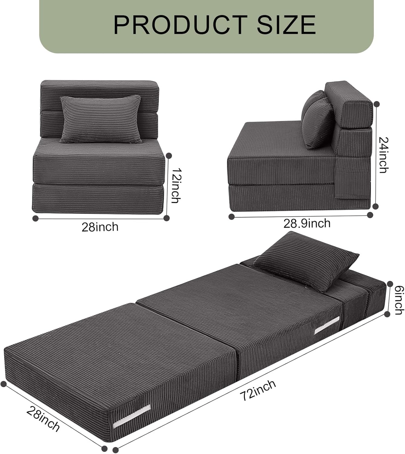 MeMoreCool Boneless Folding Sofa Bed Single, Corduroy Convertible Sleeper Chair, Foldable Foam Mattress Chair, Comfy Fold‑Out Futon Couch Bed, Small Floor Sofa Couch for Living‑Room Guest