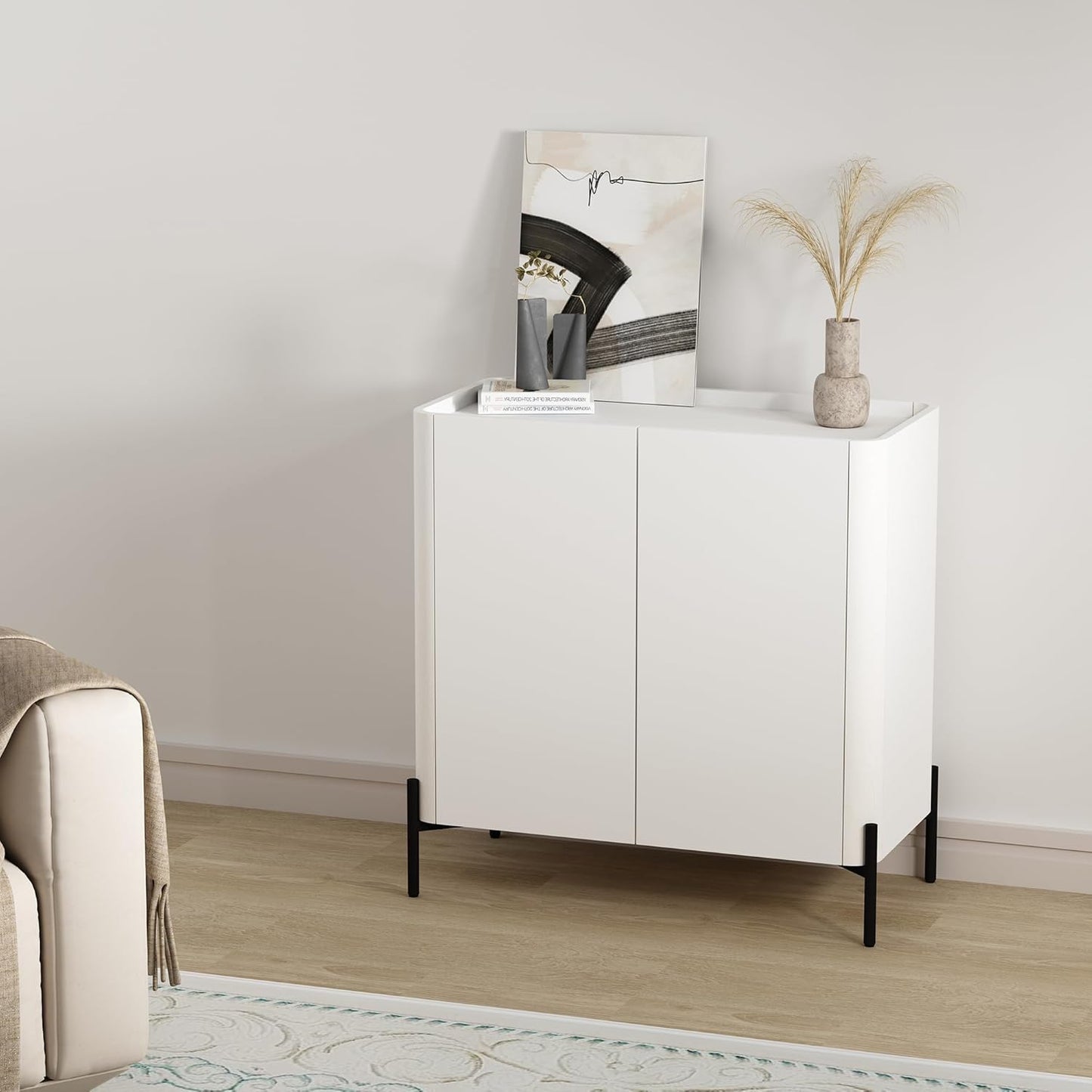 Manhattan Comfort Abbey Accent Cabinet with Doors, Tray Top Design and Adjustable Shelves, Sleek Modern Storage Furniture for Dining Area, Living Room, Bedroom, Entryway, White