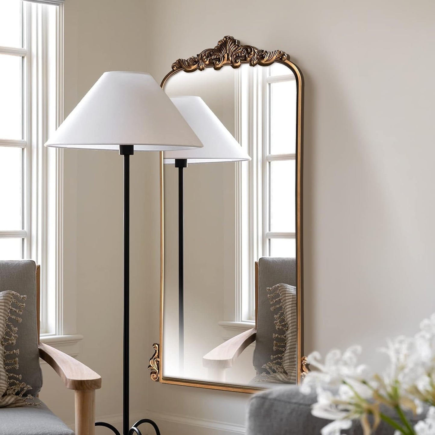 WAMIRRO Arched Mirror,Vintage Black Traditional Vintage Ornate Baroque Mirrors,Antique Brass Mirrors for Entryway/Fireplace/Living Room/Hallway/Bathroom.22“X48“ Gold