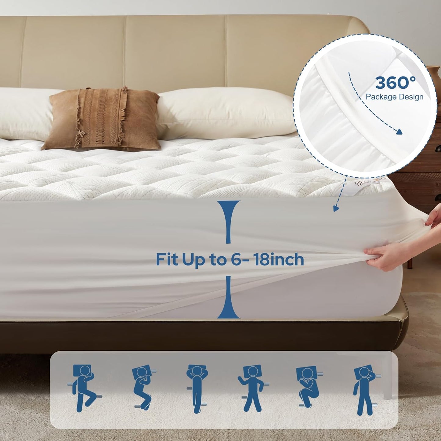 BEDLORE King Mattress Topper, Viscose Made from Bamboo Soft Pillow Top Mattress Pad, Thick Mattress Cover for Back Pain Relief with 6-18 inches Deep Pocket