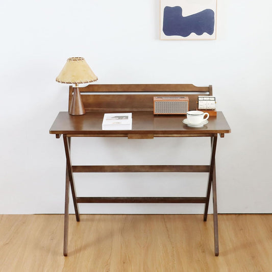 Folding Desk No Assembly Required Small Size, Foldable Computer Desk with Shelf for Home Office, Space Saving Portable Laptop Study Foldable Table for Small Spaces,Walnut Color