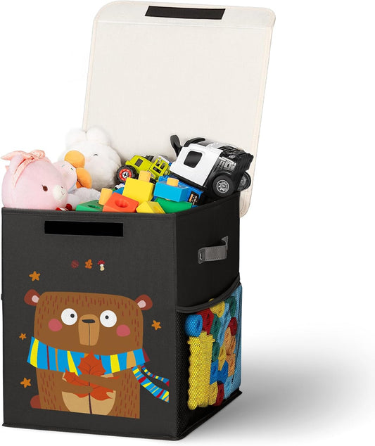 40L Large Toy Storage Box with Lid, Large Toy Box Chest for Kids, Girls and Boys, Nursery Room and Living Room, 13"x13" x16" (black-bear)