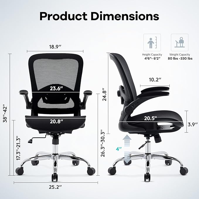 Office Chair Mesh Seat,Ergonomic Mesh Desk Chair with Adjustable Lumbar Support,Computer Chair with Flip-up Armrests, Rolling Executive Chairs, Home Office Chair(Black)