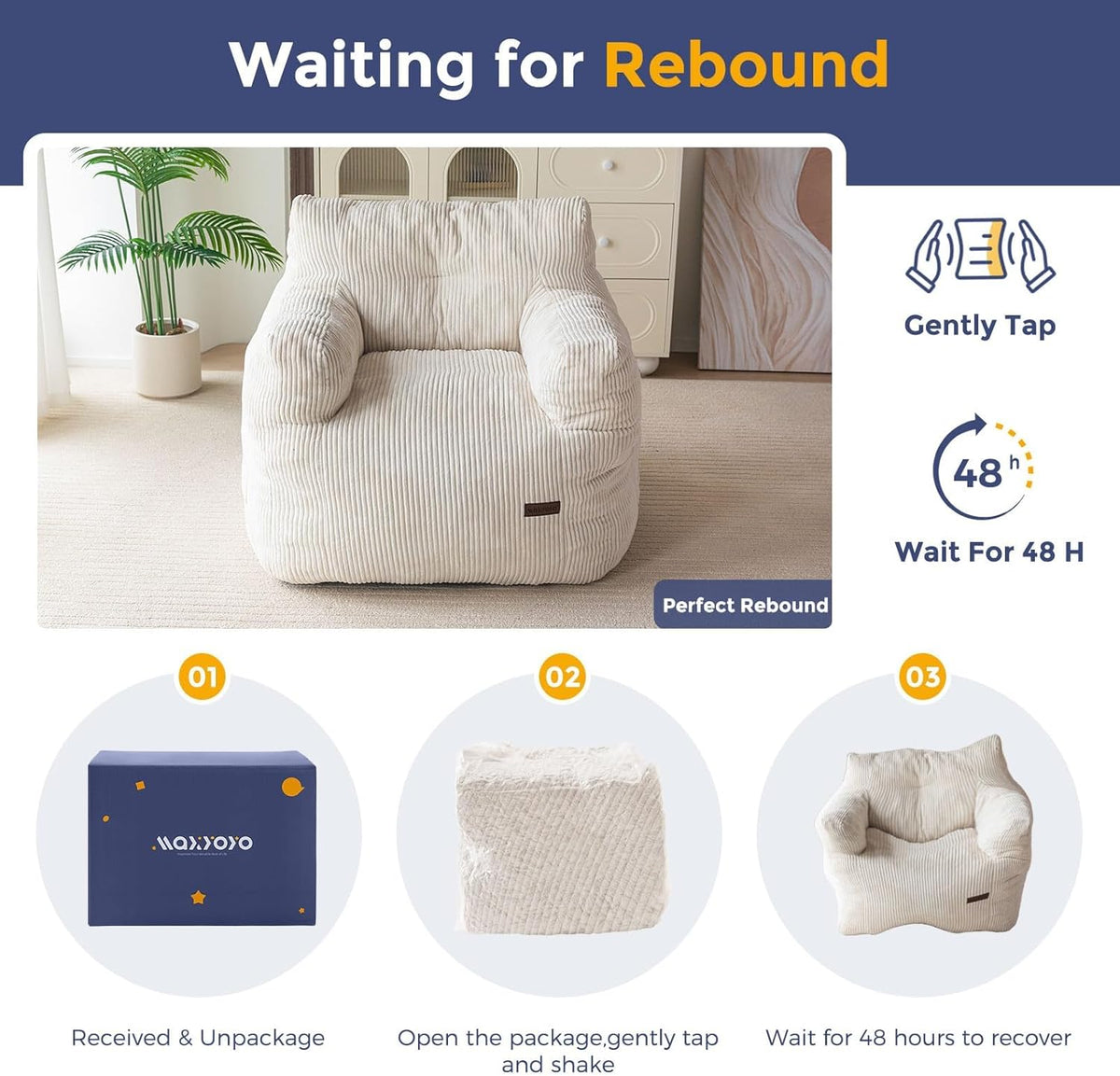 MAXYOYO Bean Bag Chair, Tufted Bean Bag Couch Lazy Chair, Living Room Sofa Couch with Filler for Adult Teens Kids, Corded Fabric Accent Sofa for Bedroom Dorm, Beige