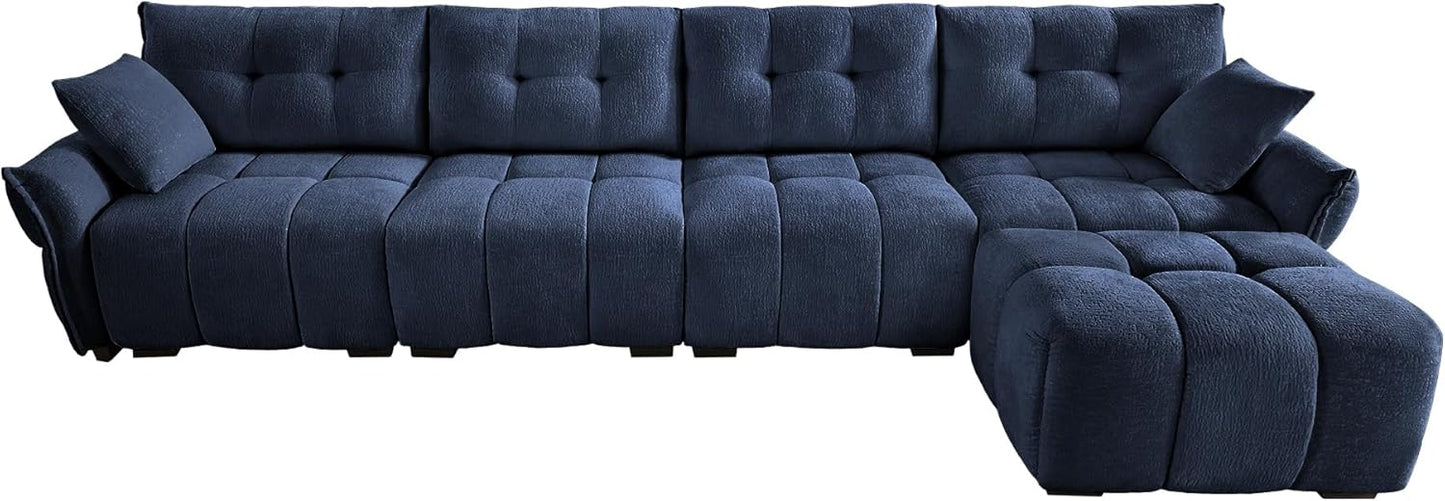 Modern Chenille Fabric 4-Seat Sofa w/Ottoman+2 Pillows, Premium Upholstery Living Room Couch with Tufted Backrest & Comfortable Armrests and High-Resilience Memory Foam Cushions,Blue