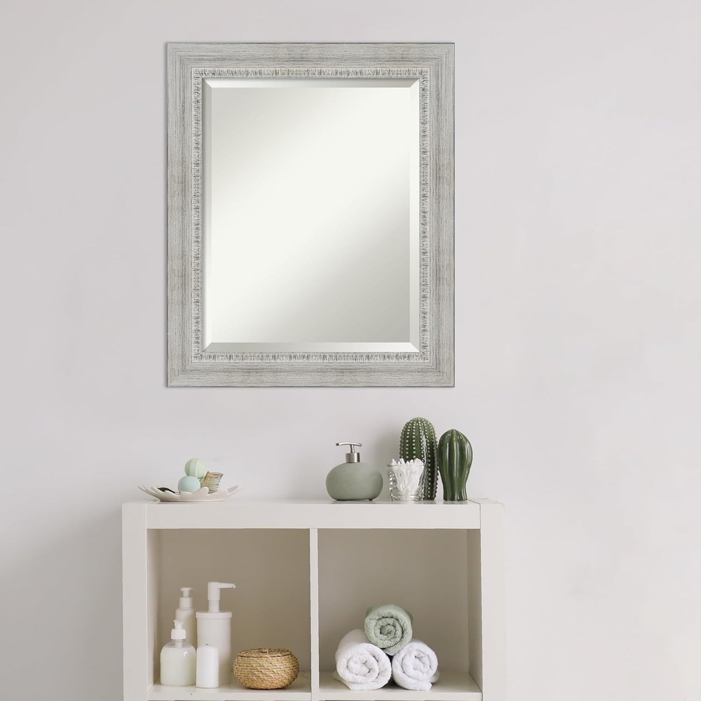 Amanti Art White Bathroom Mirror for Over Sink, 25x21 Rustic White Wash Rectangle Vanity Mirror, Small Rustic Farmhouse Wood Frame, Hangs Horizonally and Vertically, Bathroom Wall Decor, Beveled Edge