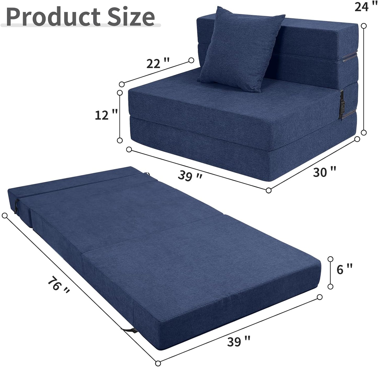 High-Density Memory Foam Folding Sofa Bed with Fluffy Pillow, Twin Size, Navy