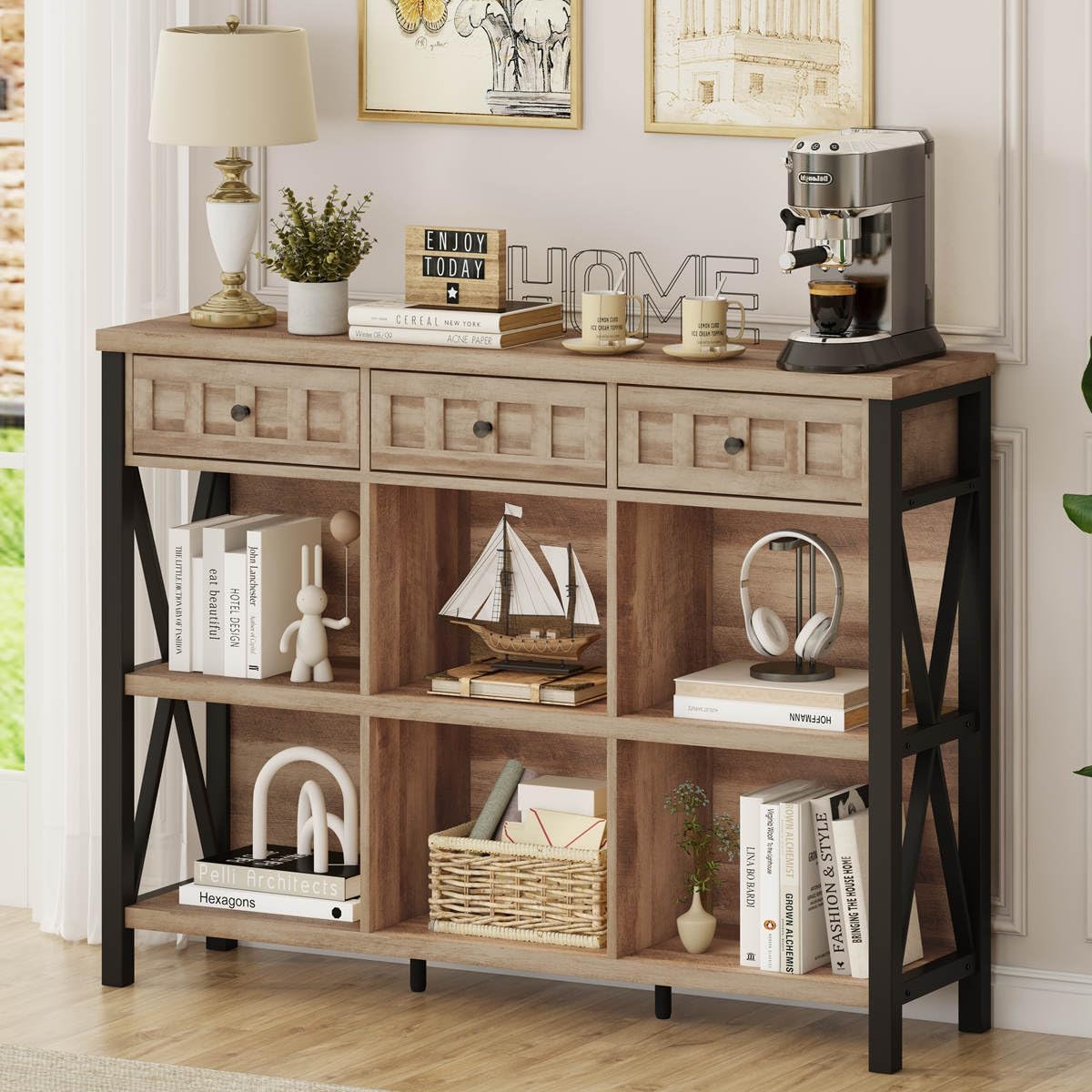 FATORRI Rustic 6 Cube Storage Organizer Shelf with 3 Drawers, Long Horizontal Bookshelf, Industrial Wood and Metal Cubby Bookcase for Living Room (Rustic Oak, 47 Inch)
