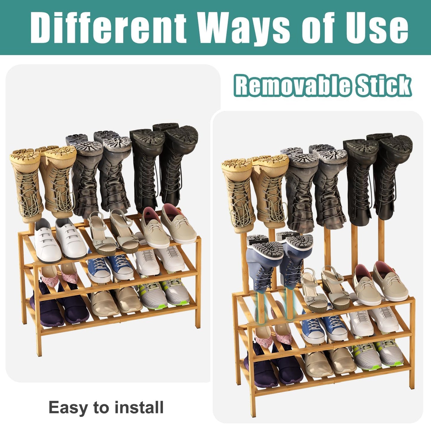 Boot Rack with Shoe Rack, Boot Rack Organizer Tall Boots for Closet, Bamboo Wood Shoe Shelf Storage Organizer for Entryway Small Space
