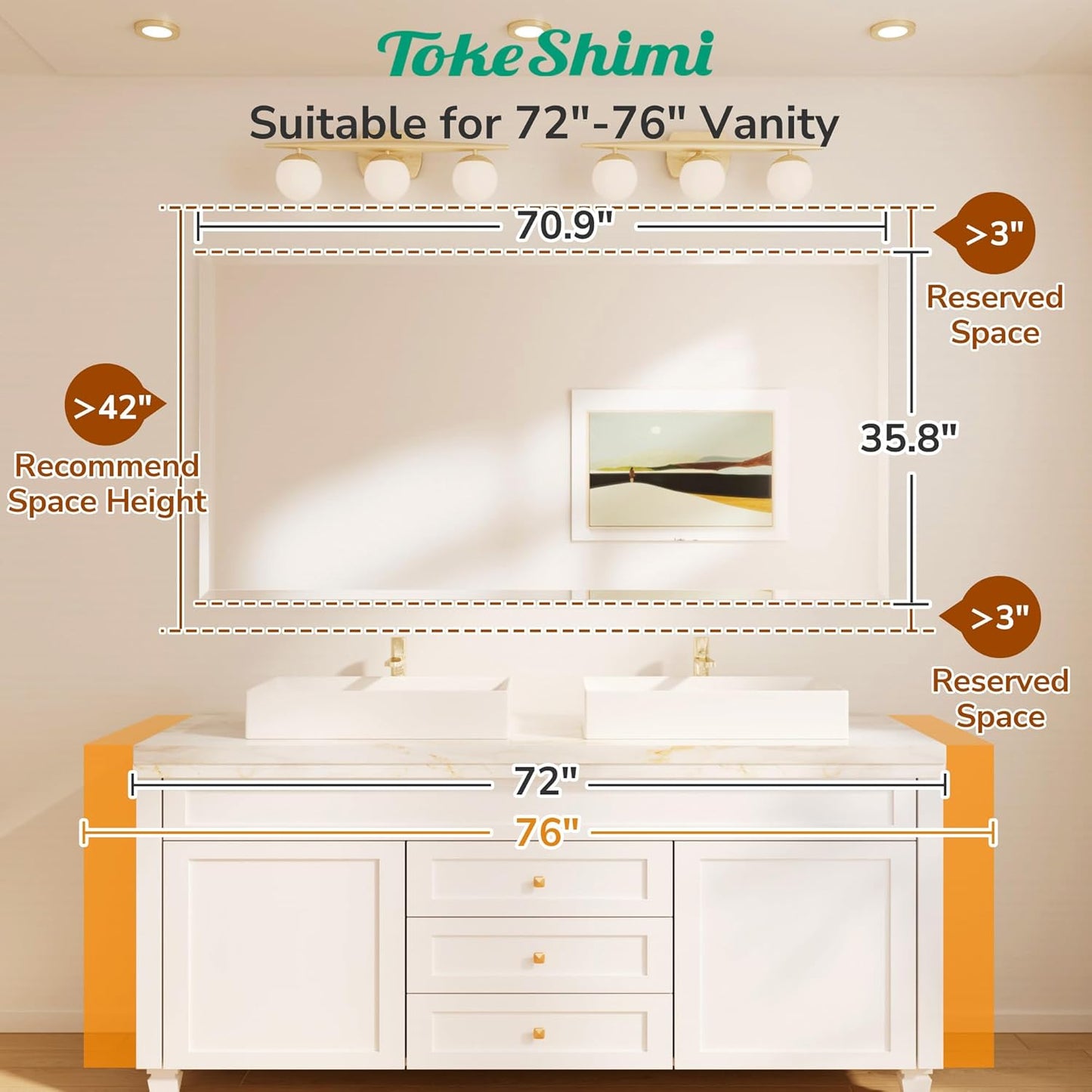 TokeShimi 72x36 Bathroom Mirror Frameless, Tempered 1" Beveled Edge Bathroom Mirrors for Over Sink, Shatterproof Rectangle Mirrored Wall Mounted for Living Room, Entryway, Restroom