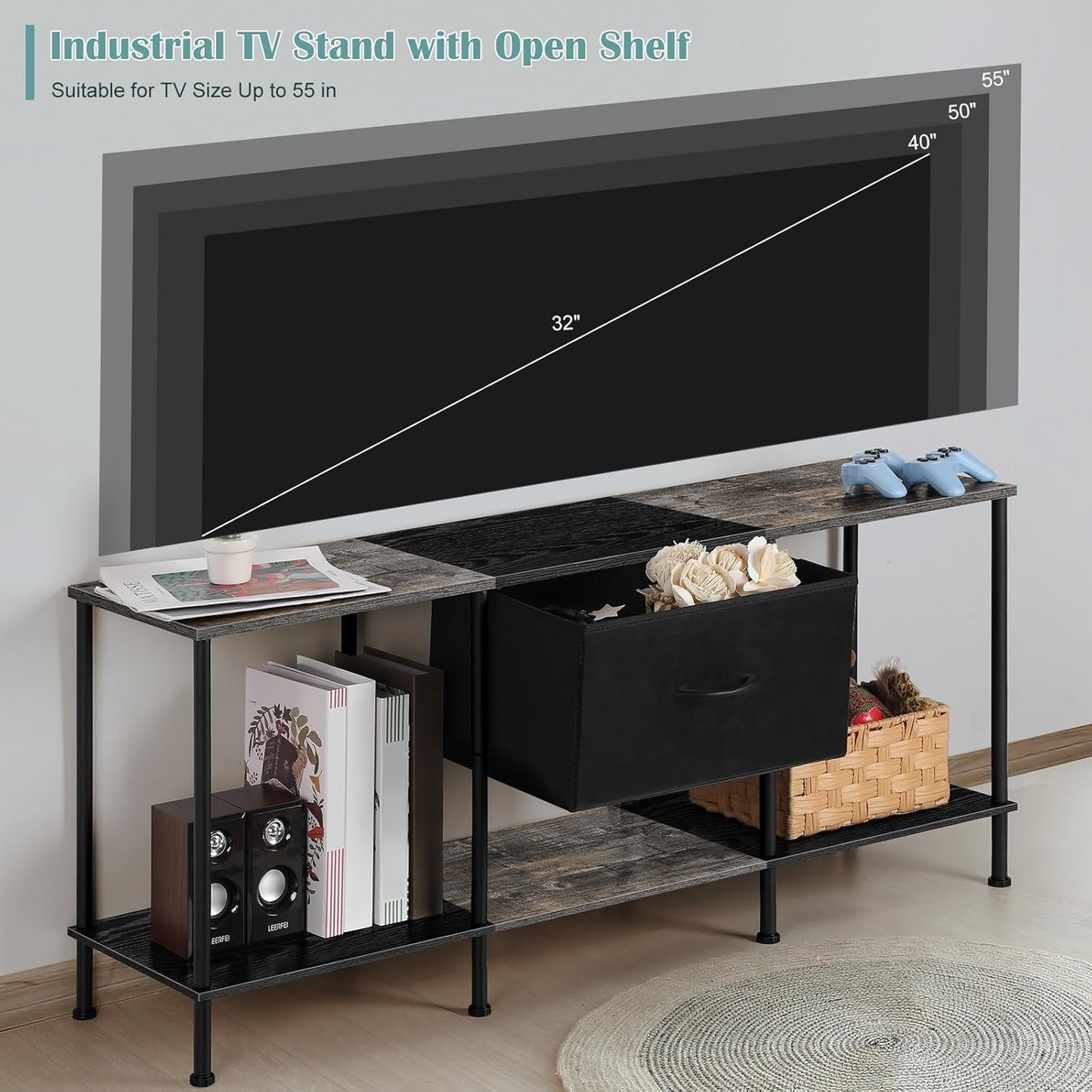 Vrisa TV Stand for 50/55 inch Television Entertainment Center with Storage Fabric Cabinet and Shelves Modern TV Console for Living Room Bedroom, Black+Grey