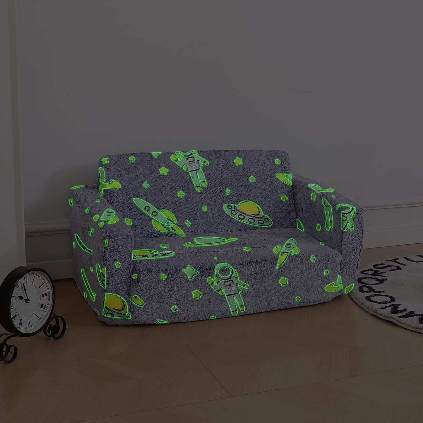Foldable Kids Sofa,Soft Kids Fold Out Couch Glow in The Dark,Convertible Sofa to Lounger Toddler Sofa Chair(Space