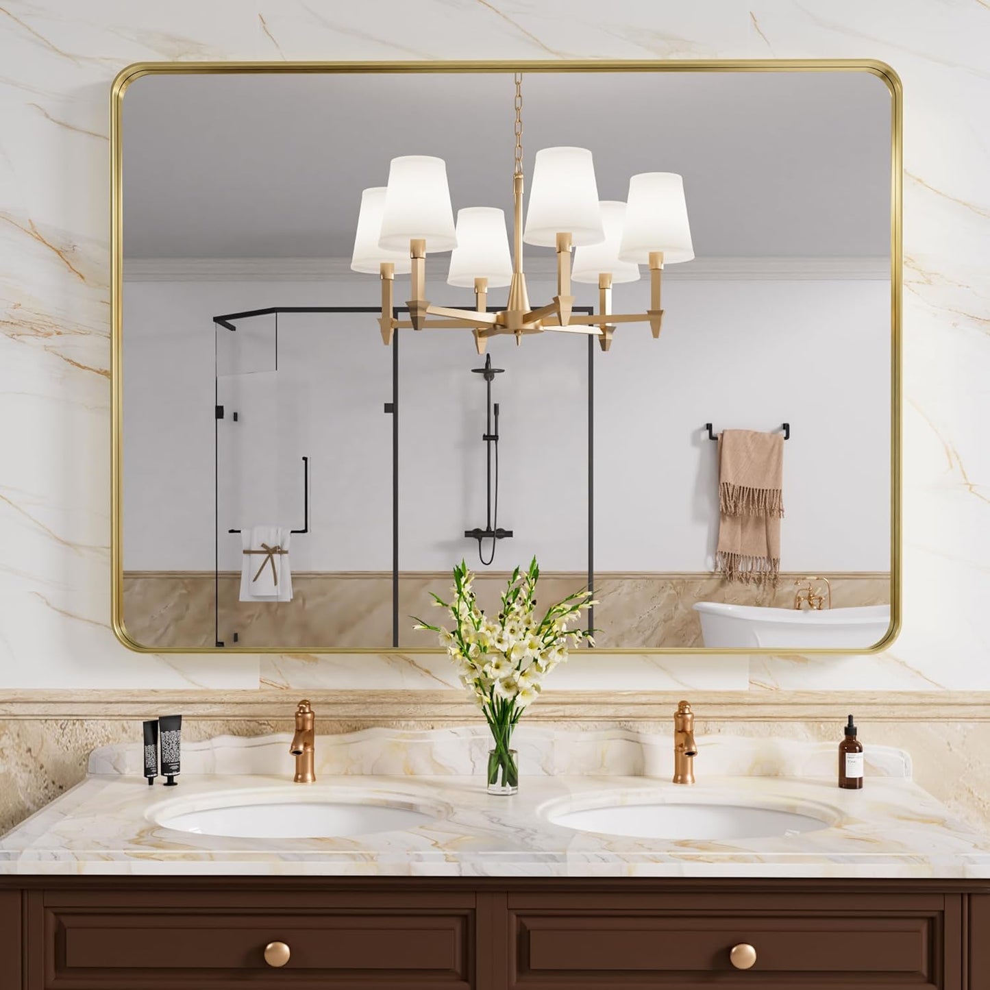 Gold Bathroom Mirror, 48x32 Inch Brushed Gold Metal Frame Mirror for Wall, Rounded Rectangle Bathroom Vanity Mirror, Tempered Glass, Anti-Rust, Horizontal/Vertical