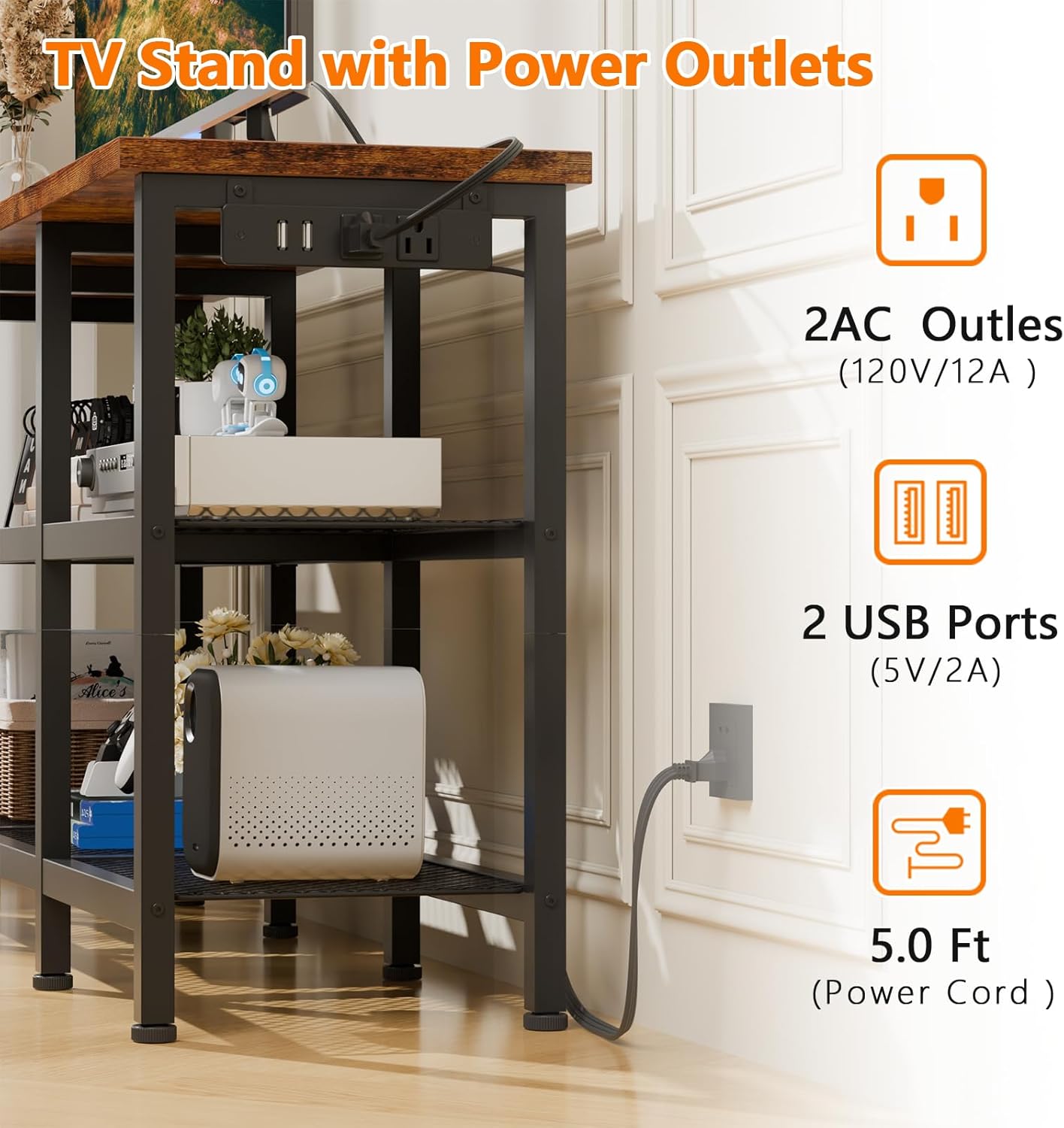 Furologee TV Stand with Power Outlets, Small Entertainment Center with Open Storage Shelves, Media Console Center for TVs up to 50 Inch, Television Stands for Living Room/Bedroom, Rustic Brown