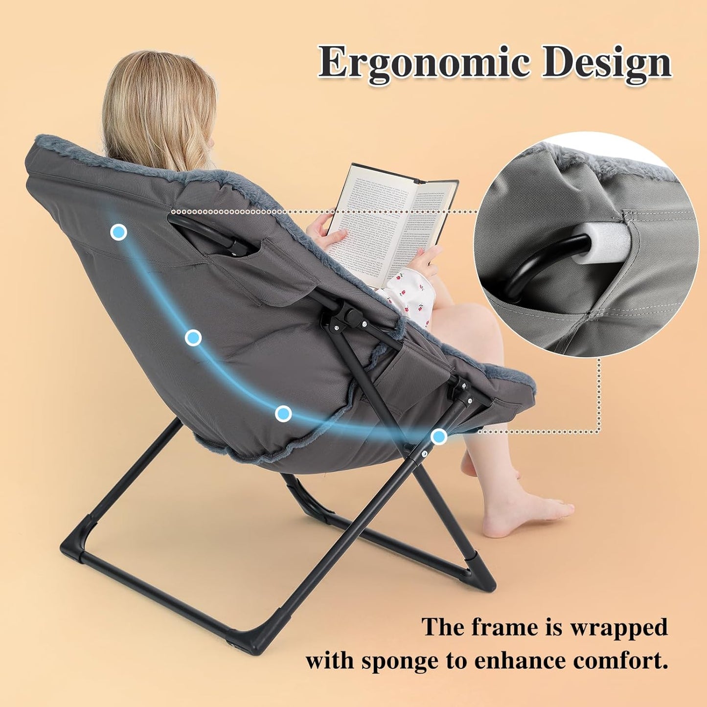 Comfy Saucer Chair for Adults, Soft Faux Fur Bedroom Chair, Accent Dorm Chairs, Flexible Living Room Reading Chairs, Oversized Folding Lounge Seat for Teens, X-Large, Navy Blue