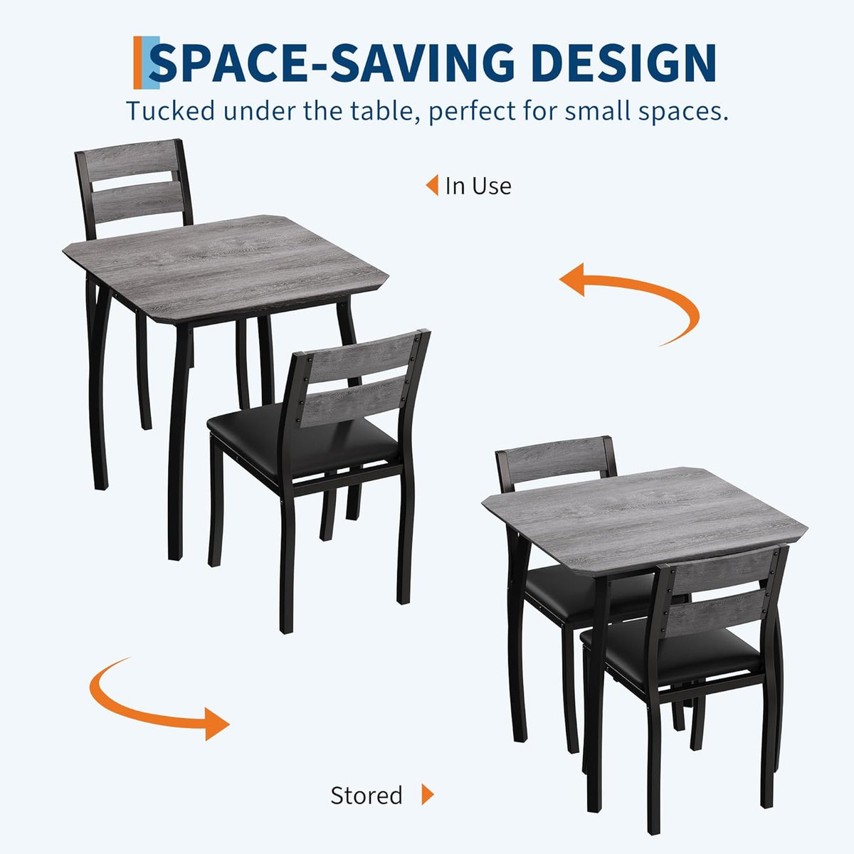 Small Dining Table Set for 2,3-Piece Kitchen Table Set with Thick Wood Grain Tabletop & 2 Upholstered Chairs & Metal Frame, Compact Table Set for Small Spaces, Kitchens & Dining Rooms (Grey)