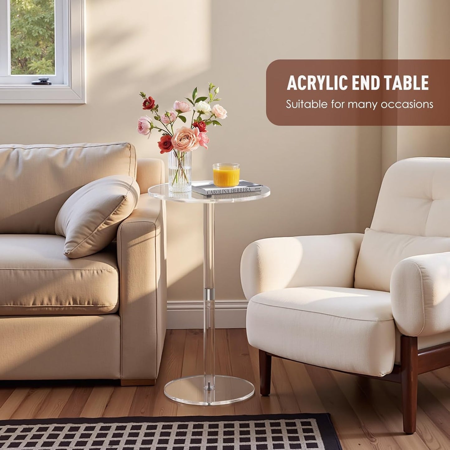 11.8" Round Clear Acrylic End Table - Modern Small Space Side Table for Living Room, Bedroom, Office, Outdoor | Sturdy, Easy to Install, Multi-Purpose