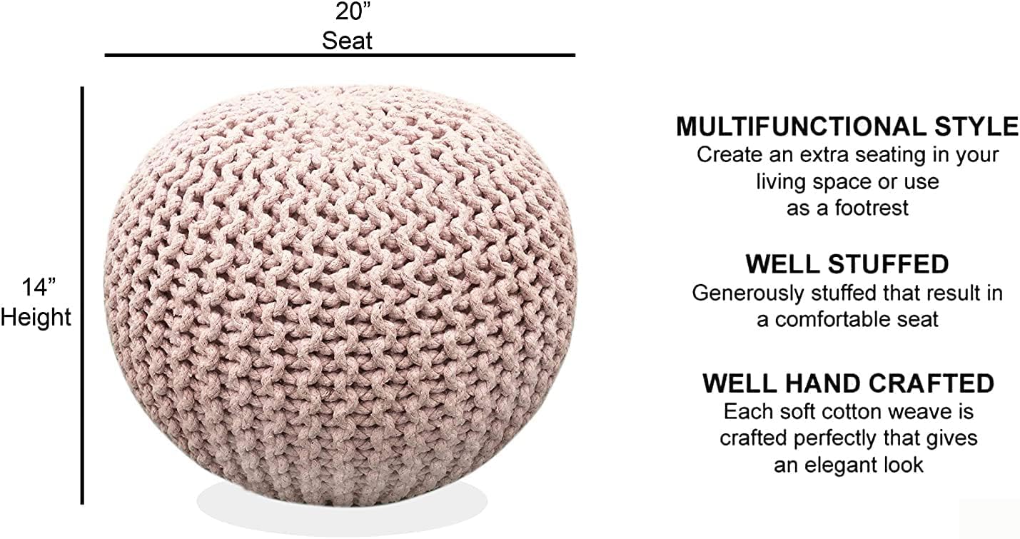 FRELISH DECOR Round Pouf Ottoman Hand Knitted 100% Cotton Pouf Foot Stool - Knitted Bean Bag - Floor Chair for Living Room Bedroom - Foot Rest for Couch (20 Diameter x 14 Height) - Cloud Pink