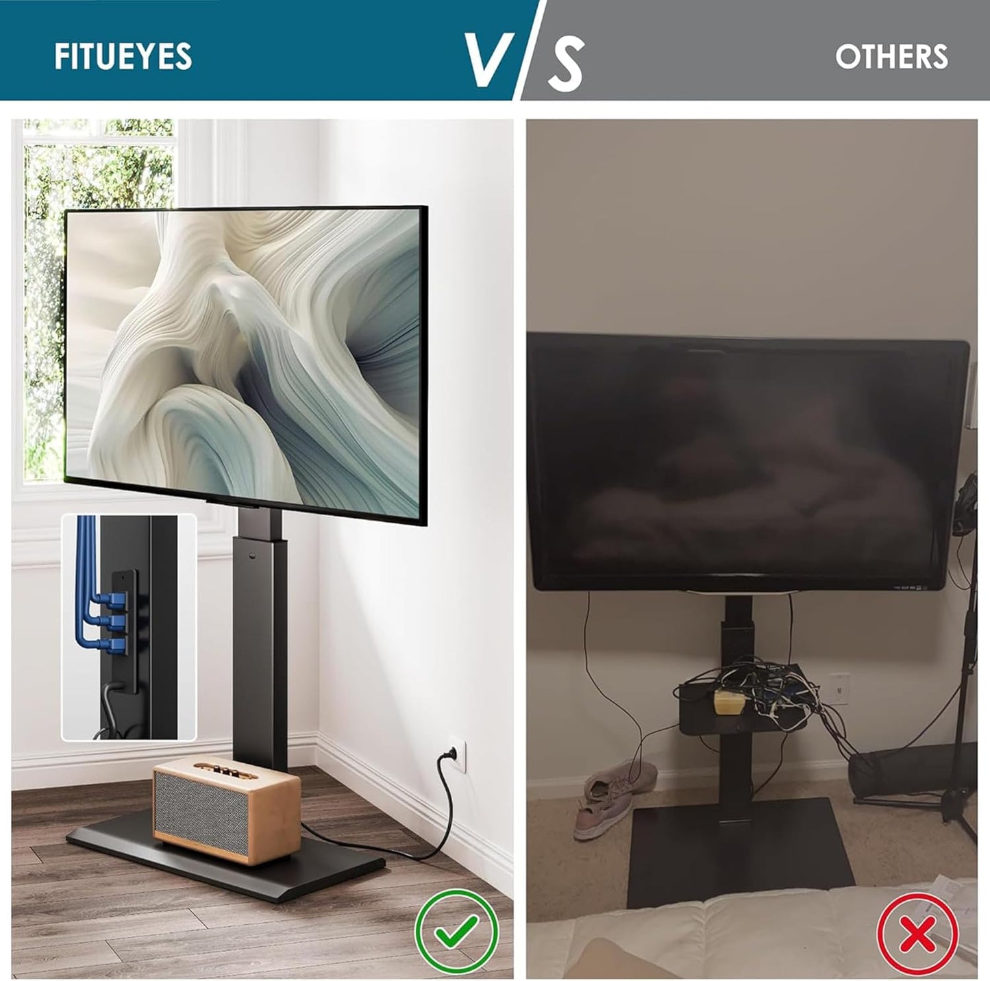 FITUEYES Floor Swivel TV Stand with Power Outlet for 32-65 Inch TVs, Floor TV Stand with Mount Height Adjustable with Iron Base, Hold Up to 88lbs, Space Saving for Bedroom, Living Room