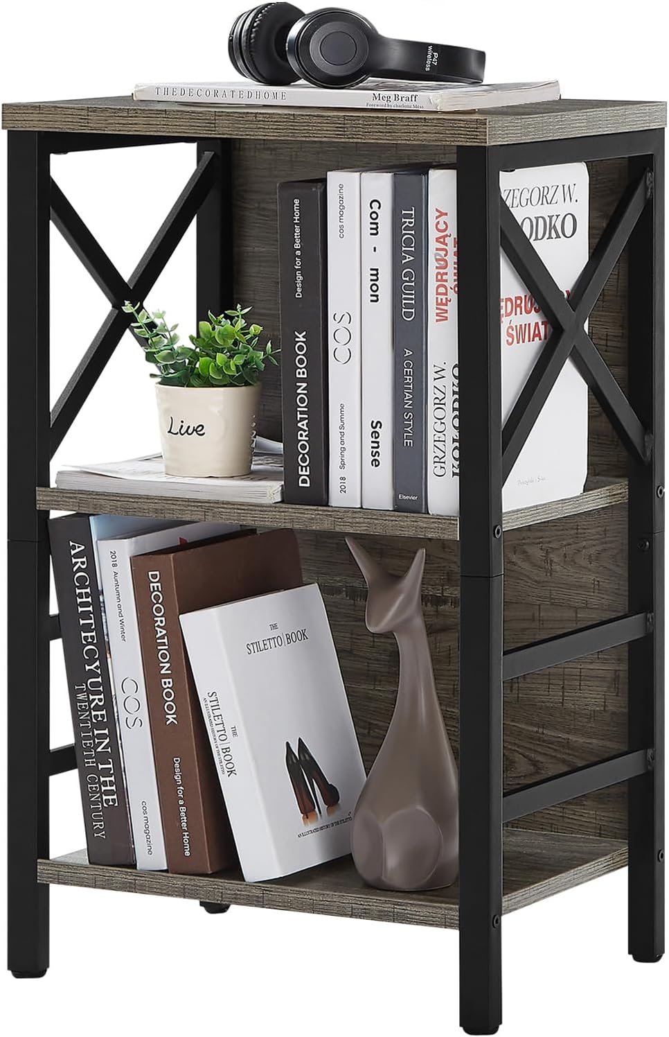 Small Bookcase,3 Tier Industrial Bookshelf with Metal Frame and Backboard,Low Grey Book Shelf,Book case for Small Spaces,Living Room,Bedroom and Home Office