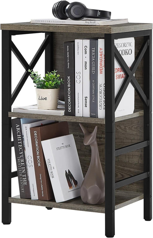 Small Bookcase,3 Tier Industrial Bookshelf with Metal Frame and Backboard,Low Grey Book Shelf,Book case for Small Spaces,Living Room,Bedroom and Home Office