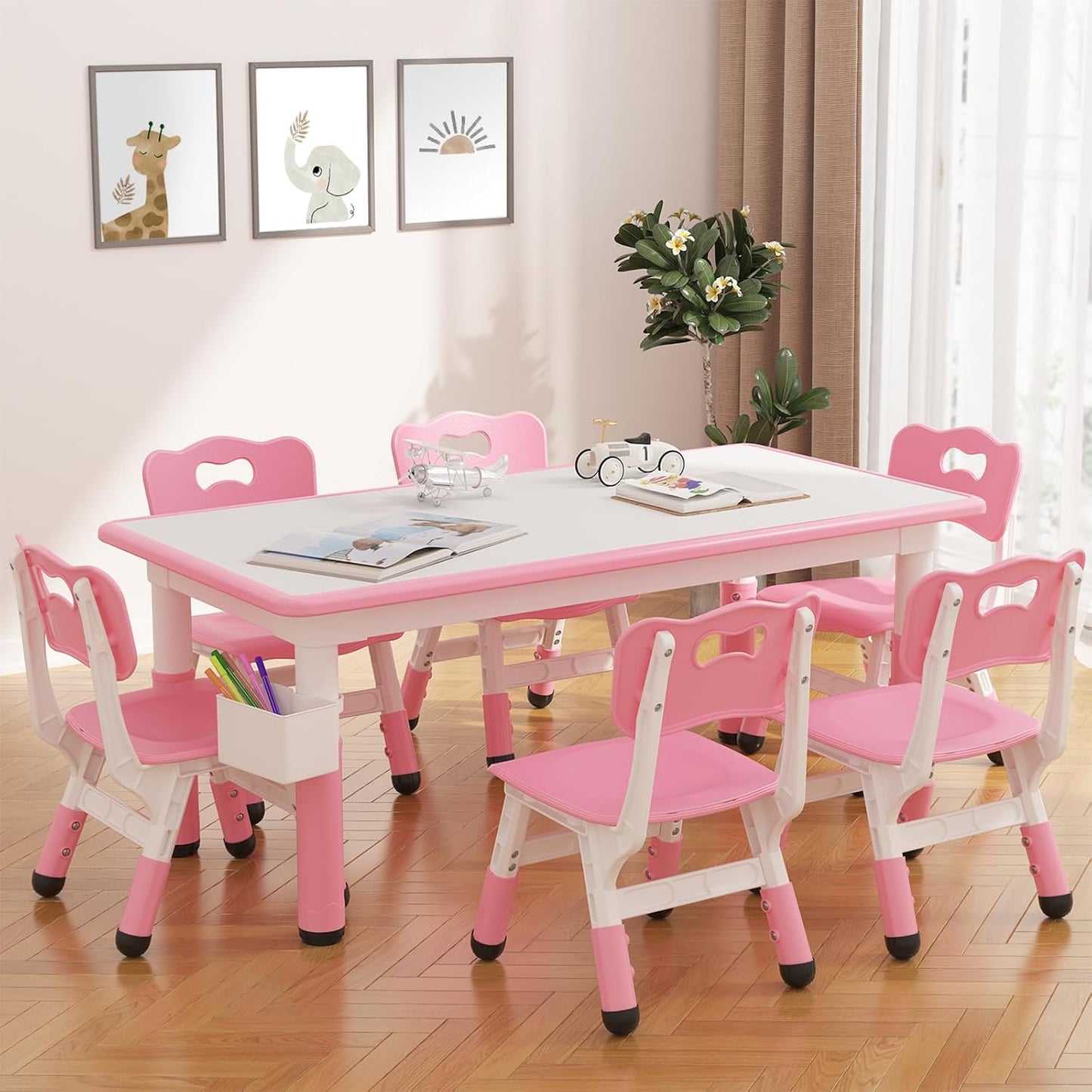GarveeHome Kids Table and 6 Chairs Set, Height Adjustable Toddler Table and Chair Set, Graffiti Desktop, Children Study Play Dinner Table for Home Daycare Preschool for Ages 2-8, Pink