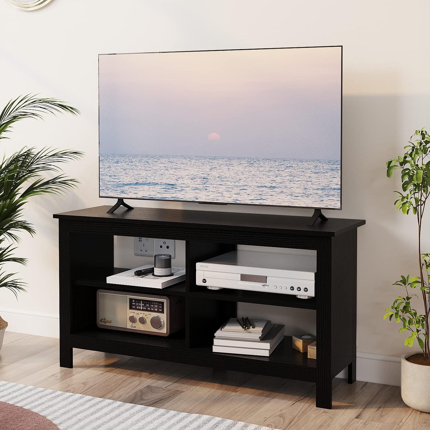 43 Inches TV Stand,Mid Century Modern Entertainment Center with 4 Open Shelves Farmhouse TV Media Console Table for Living Room,Bedroom,Television Stand up to 50 Inches(Black)