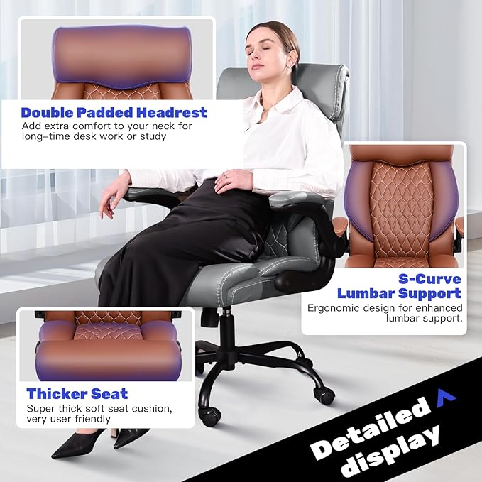 High Back Executive Office Chair - Ergonomic Computer Desk with Rocking Function, Leather Managerial with Adjustable Flip-Up Armrests and Lumbar Support