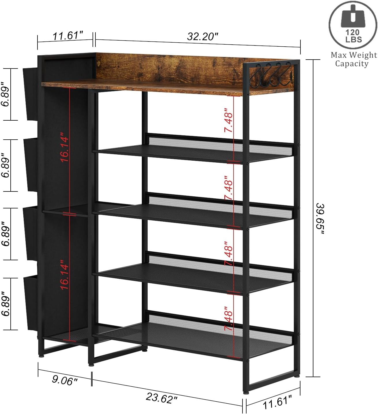 Brown 5-Tier Shoe Organizer - Free Standing Shoe Rack with Storage Bag for High Heels, Entryway, Hallways, Closets, Dormitory Rooms