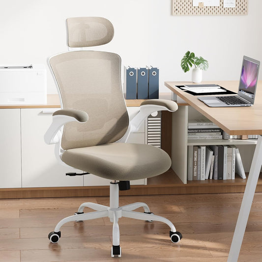 High Back Office Chair with Adjustable Lumbar Support & Headrest, Ergonomic Mesh Desk Chair with Flip-Up Armrests, Breathable & Comfortable Computer Chair for Home, Office & Study, Khaki