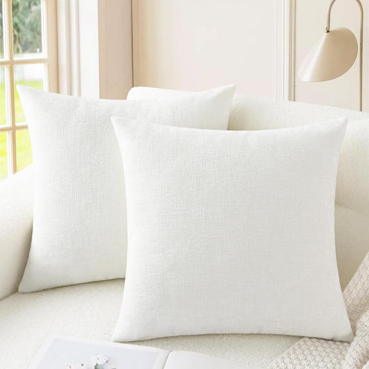 CaliTime Throw Pillow Covers Decorative 24 X 24 Inches Pack of 2 Cozy Chenille Cushion Cases for Couch Sofa Bed Living Room Home True White