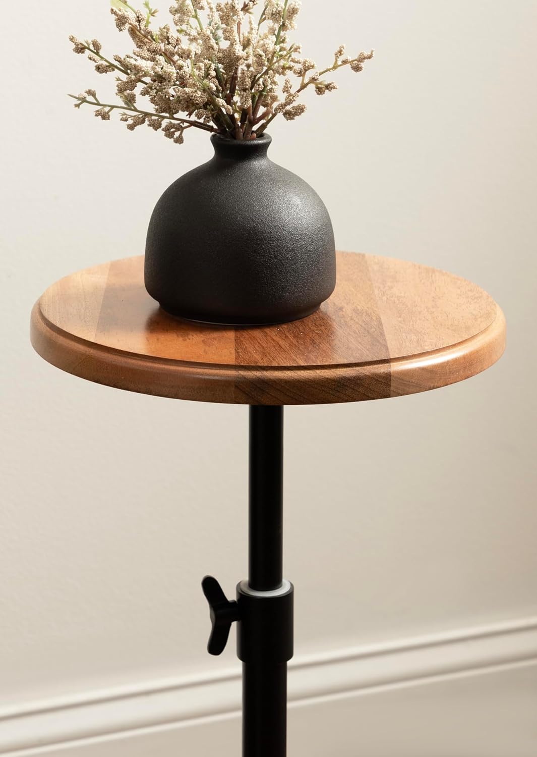 Kate and Laurel Engles Modern Adjustable-Height Pedestal Drink Table; 10 x 10 x 30; Natural Wood and Black; Transitional Round Indoor Metal Plant Stand with Solid Wood Tabletop