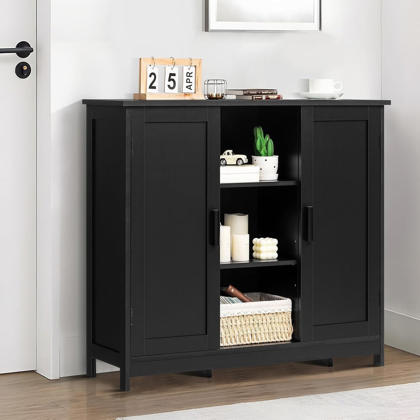 Iwell Storage Cabinet with 2 Doors and 4 Storage Shelves, Bathroom Cabinet, Cupboard for Living Room, Home Office, Entryway, Black