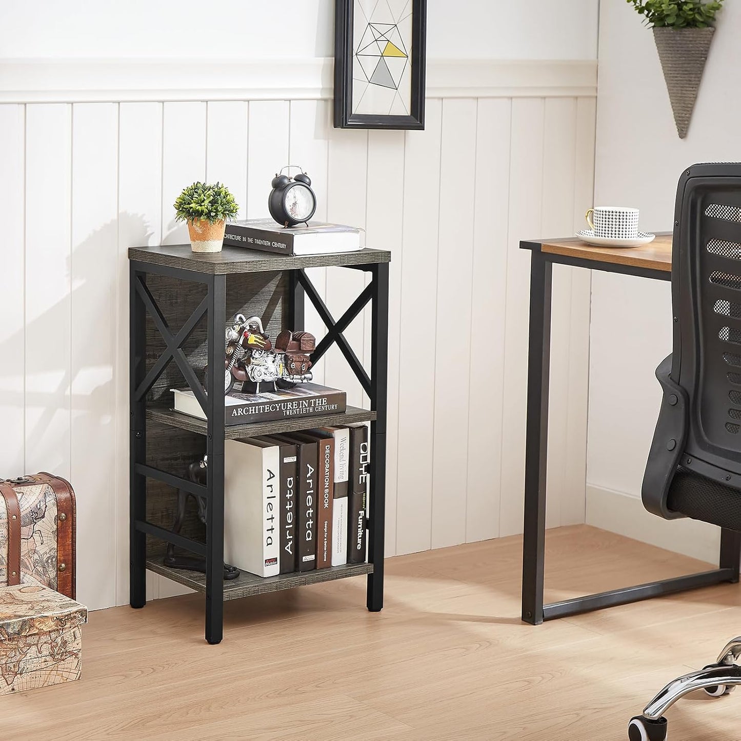 Small Bookcase,3 Tier Industrial Bookshelf with Metal Frame and Backboard,Low Grey Book Shelf,Book case for Small Spaces,Living Room,Bedroom and Home Office
