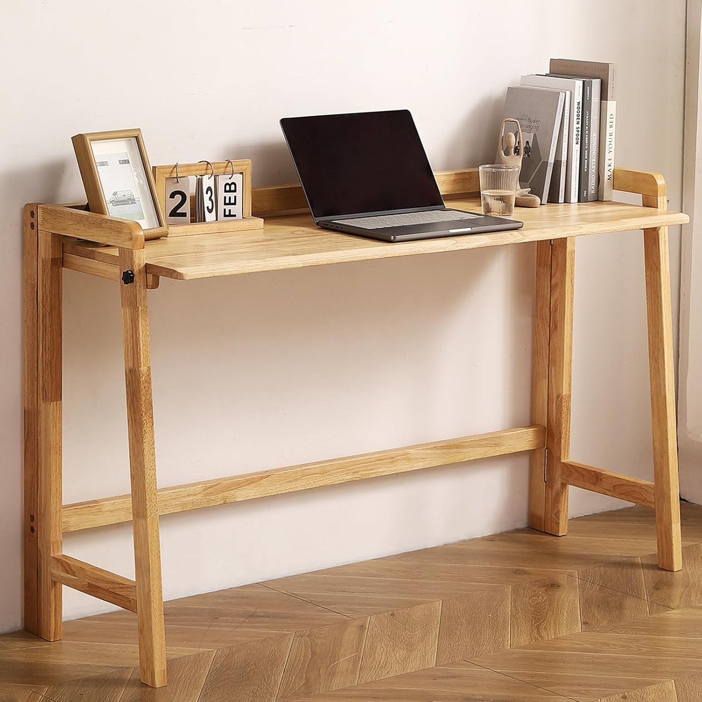 Solid Wood Folding Desk Mid Century Modern Table, 47'' Foldable Writing Computer Desk for Home Office, Simple Study Makeup Workstation, Wooden Study Office Desk Table for Small Spaces, Natural Color