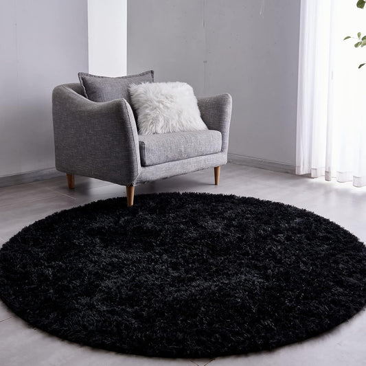 FJZFING Black Round Rug Ultra-Soft Plush Modern 5x5 Circle Area Rug for Kid's Bedroom, Fluffy Shag Circular Rug for Nursery Room, Non-Slip Home Decor Cute Black Carpet for Teen's Room