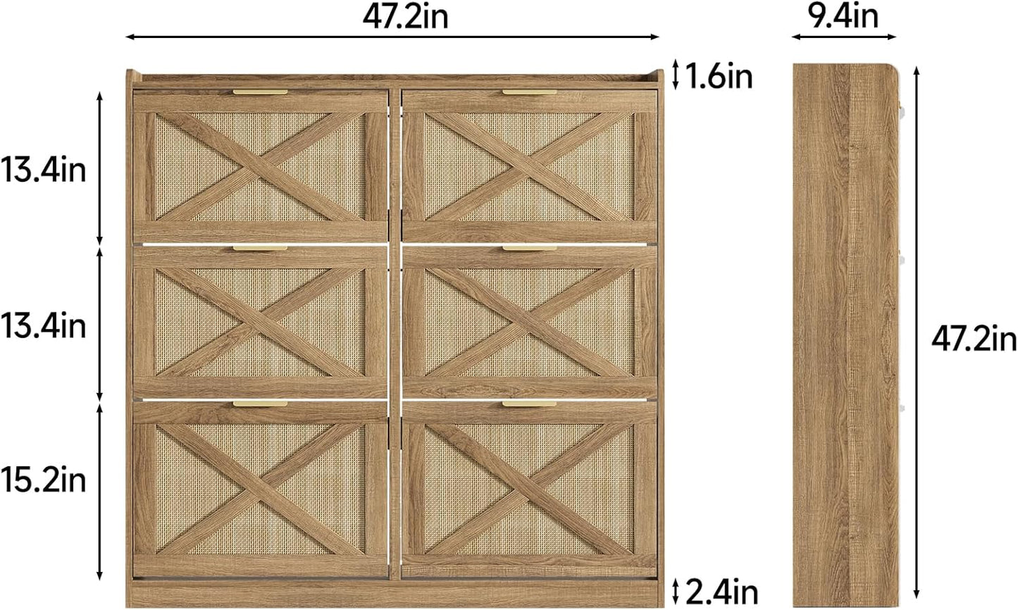 Maupvit Large Shoe Storage Cabinet with 6 Rattan Flip Drawers, Freestanding Organizer with Metal Legs for Entryway, Narrow Shoe Rack Cabinet, Hidden Golden Handles, Rustic Oak Rattan