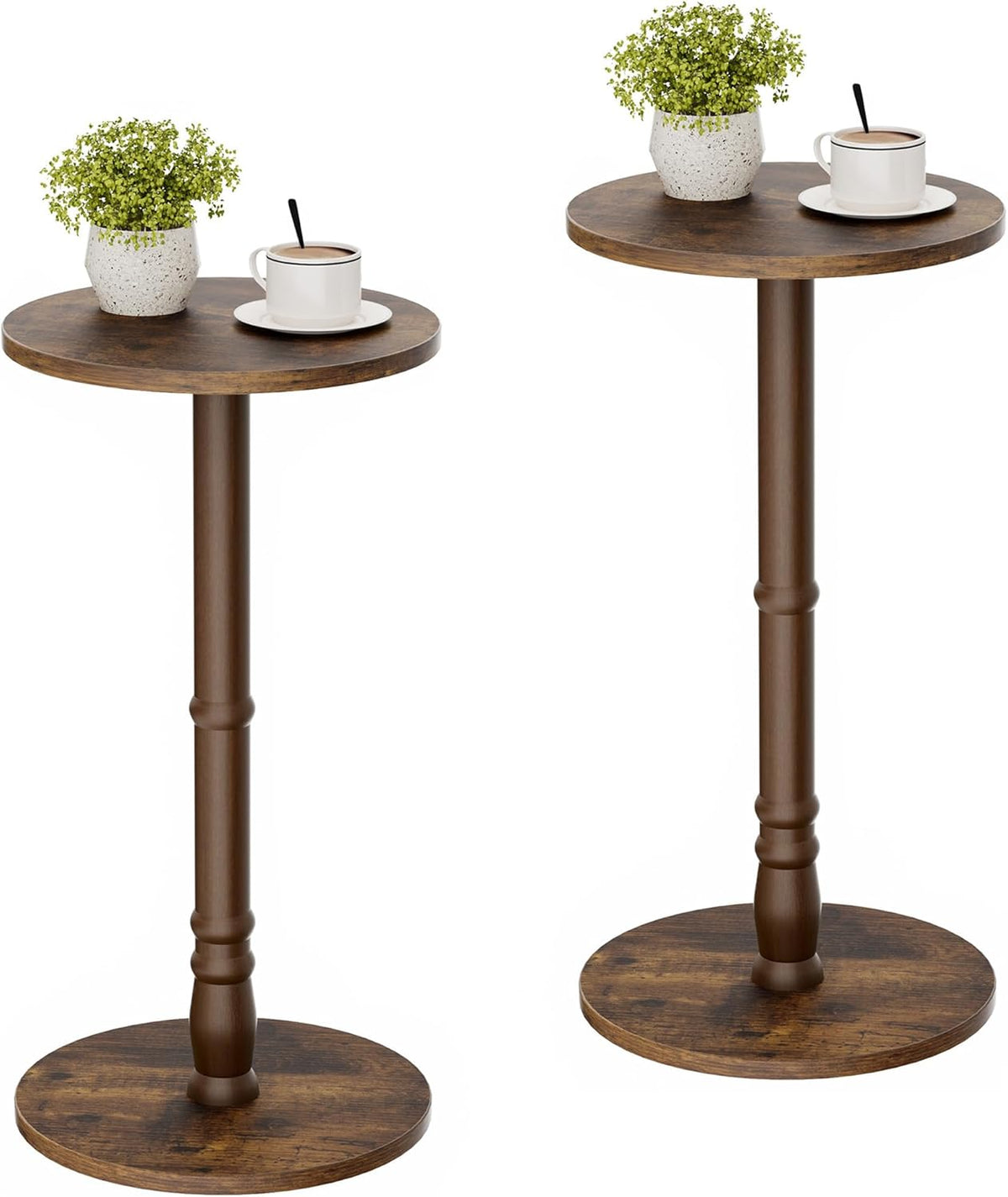 Round Side Tables Set of 2, Solid Wood Pillar with Wood Top & Base, Small Drink Accent Table for Living Room, Bedroom, Sofa & Office, Easy Assembly, Rustic Brown
