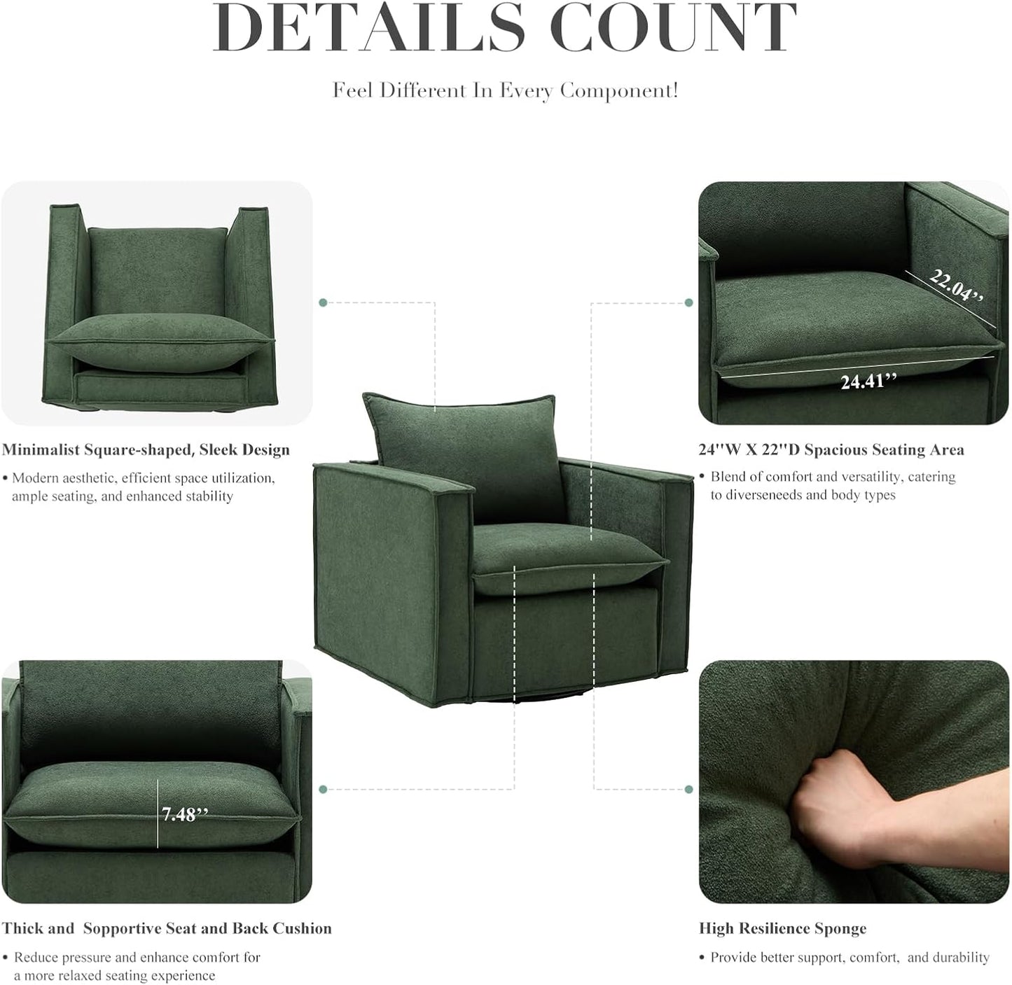COLAMY Swivel Accent Chair Set of 2, 34 Inches Wide Upholstered Arm Chair with Plump Back Pillow, Modern Sofa Living Room Chair for Bedroom, Corner, Reading Nook-Green
