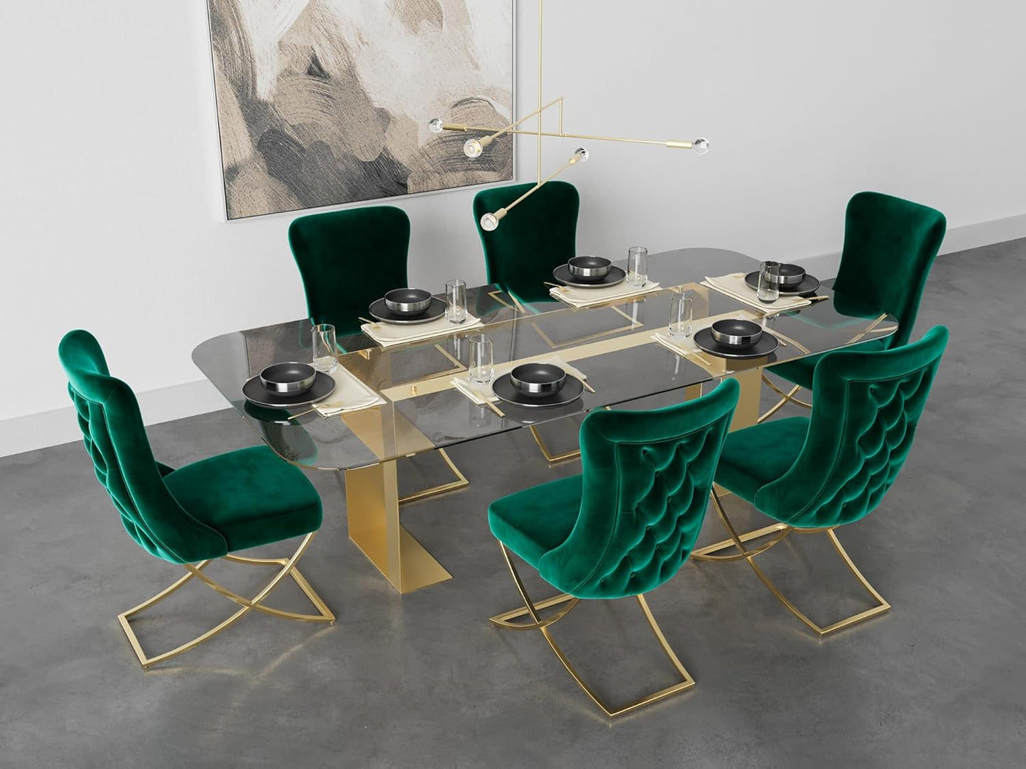 Ottomanson Royal Dining Chairs Set of 8 – Upholstered Tufted Microfiber, Assembled, Gold Metal Legs, Beech Wood Frame, 350 lb Capacity, Green