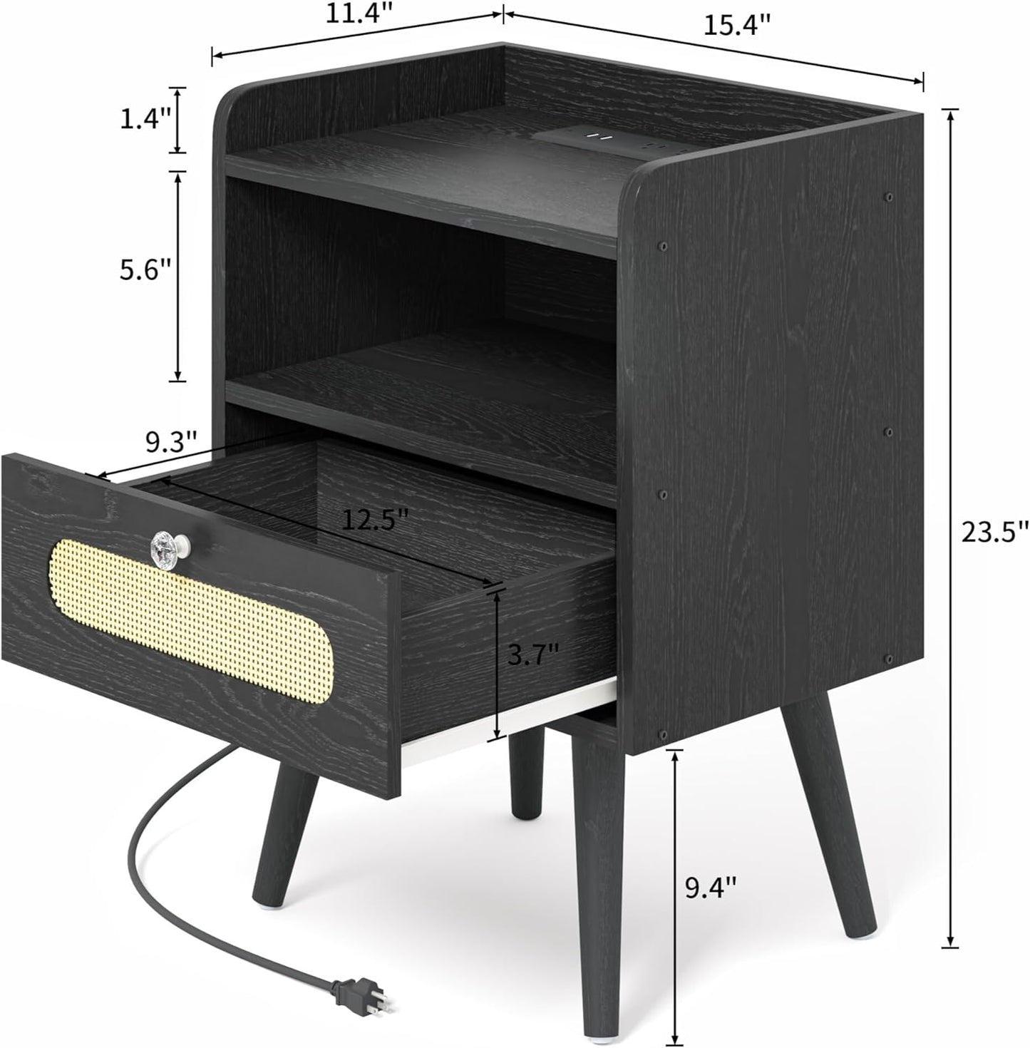 End Table Set of 2 with Charging Station, Diamond Décor Nightstands Set of 2, Bedside Table Set of 2 with Solid Wood Legs, Black