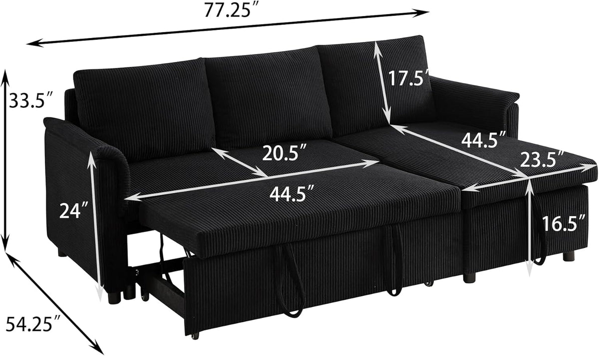 Ball & Cast L-Shape Reversible Sectional Sleeper Sofa Bed 4 in 1 Pull Out Couch with Storage Chaise&Removable Backrest,Convertible Sleeper Corner Couch Pull-Out Sofa Bed for Living Room,Corduroy,Black