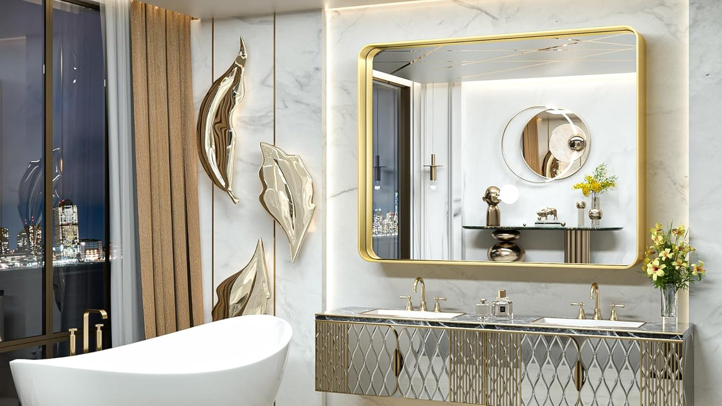 TokeShimi 48x40 Inch Brushed Gold Bathroom Vanity Mirror for Wall with Non-Rusting Aluminum Alloy Metal Frame Rounded Corner for Farmhouse Modern Home Decor (Horizontal/Vertical)