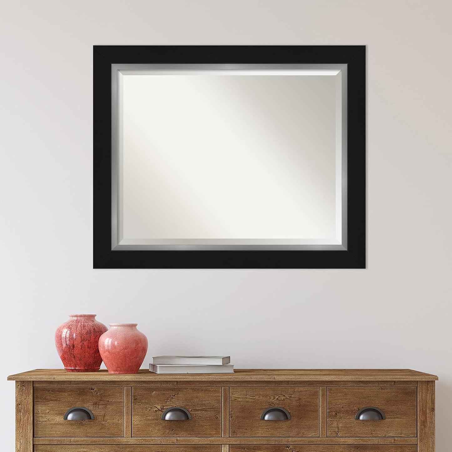 Amanti Art Black Bathroom Mirror for Over Sink, 28x34 Eva Black Silver Rectangle Vanity Mirror, Large Modern Contemporary Frame, Hangs Horizonally and Vertically, Bathroom Wall Decor, Beveled Edge