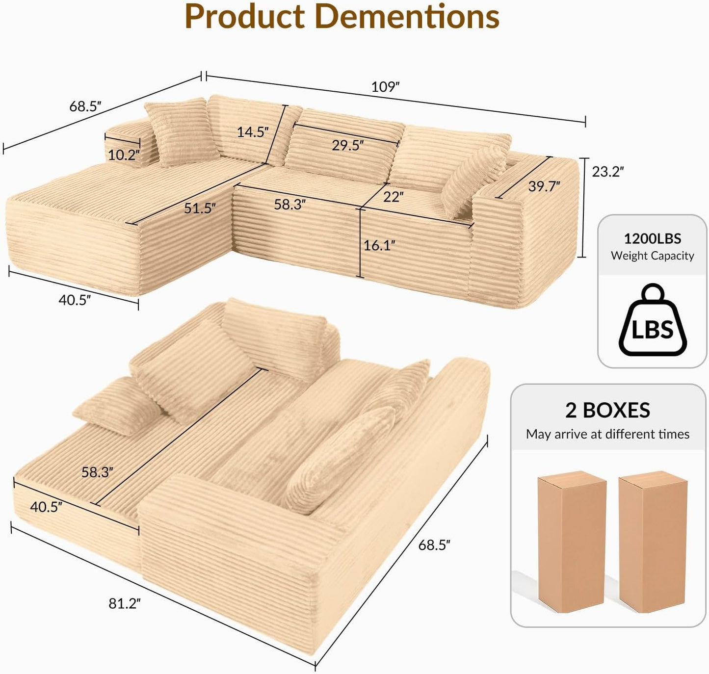 COMHOMA 105”Modular Sectional Sofa with Deep Seat,Cloud Upholstered L-Shape Couch Wide Arms Corduroy Fabric High-Density Foam Chaise Lounge for Living Room No Assembly Required