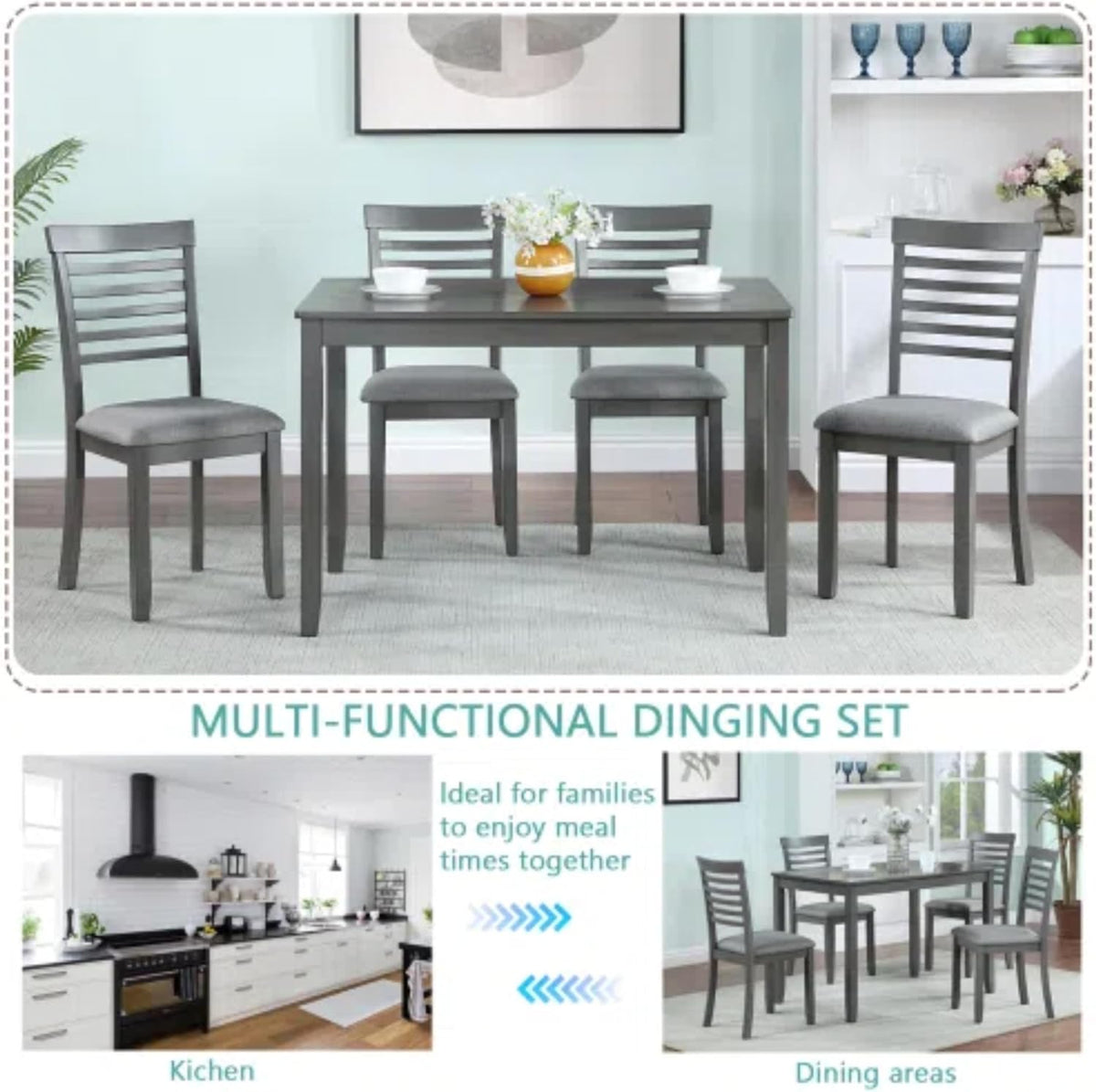 5-Piecern Dining Table Set, Kitchen Set with One Rectangular Table and 4 Upholstered Chairs, Living Room Chairs with Ladder Backrest and Comfortable Seat Cushion, Wooden Dining Furniture, Gary