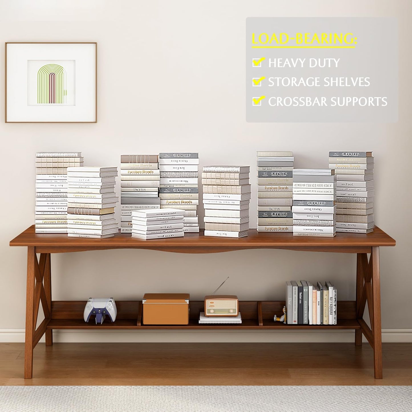 Extra Long Desk with Bookshelf - Wooden Home Office Work Study Table, 2-Person Writing Computer Workstation with Storage Shelf in Oak, 71" Wx20 Dx30 H