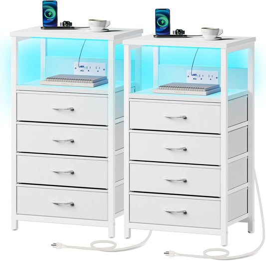 Seventable Night Stand with Charging Station, Tall Nightstand with 4 Fabric Storage Drawers, Side Table with LED Light for Bedroom, Entryway, White, Set of 2