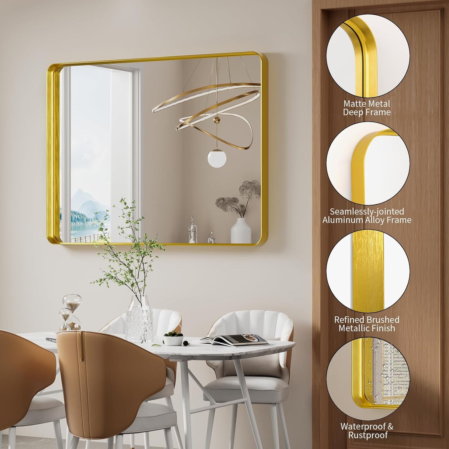 Koonmi Gold Bathroom Mirror for Wall, 30x40 Inch Matte Metal Deep Framed Rounded Corner Wall Mirror, Shatterproof Tempered Glass for Farmhouse Bedroom Entryway, Vertically or Horizontally